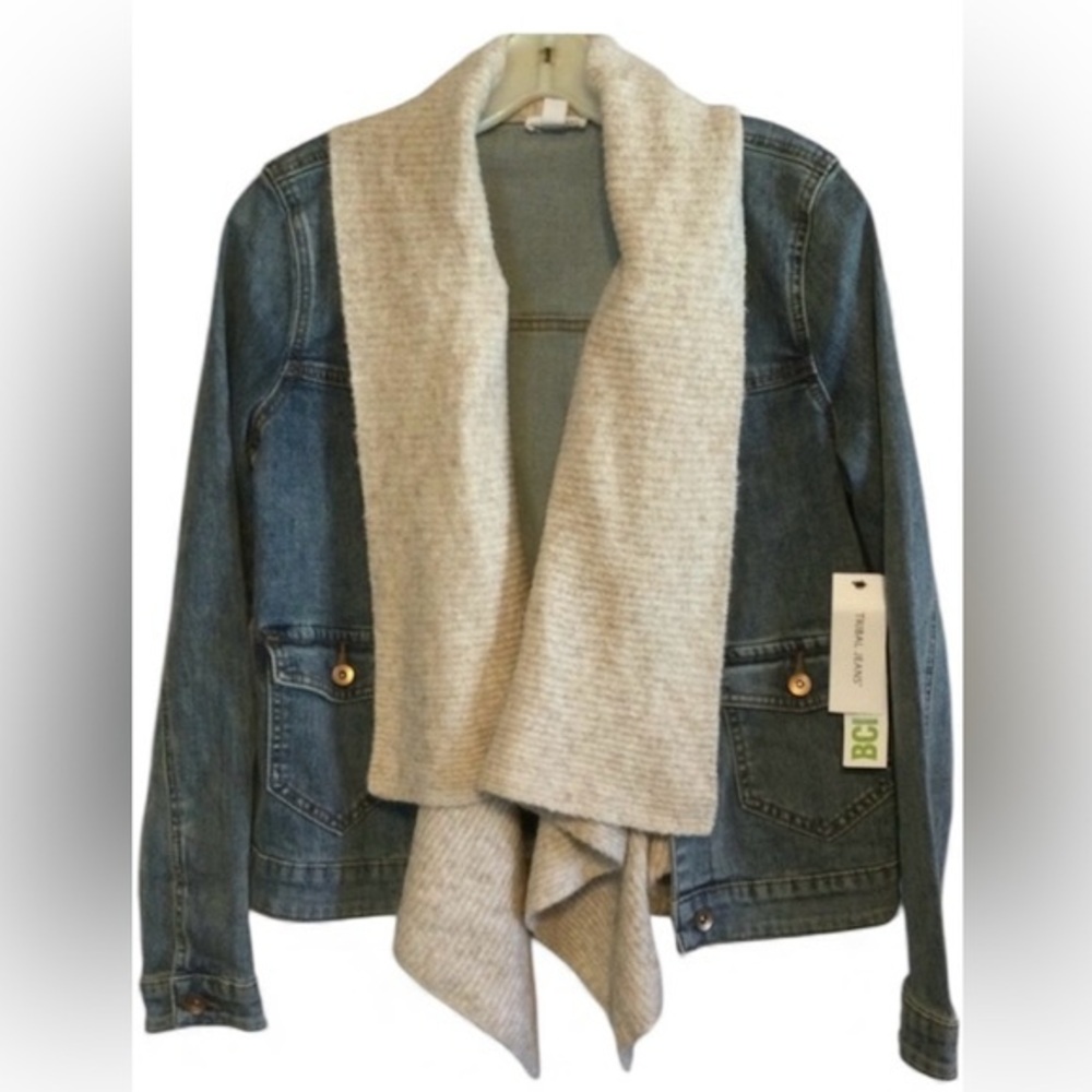 NEW Tribal Jeans Cream Knit Shawl Collar Denim Jacket Chic Stylish Casual Size S